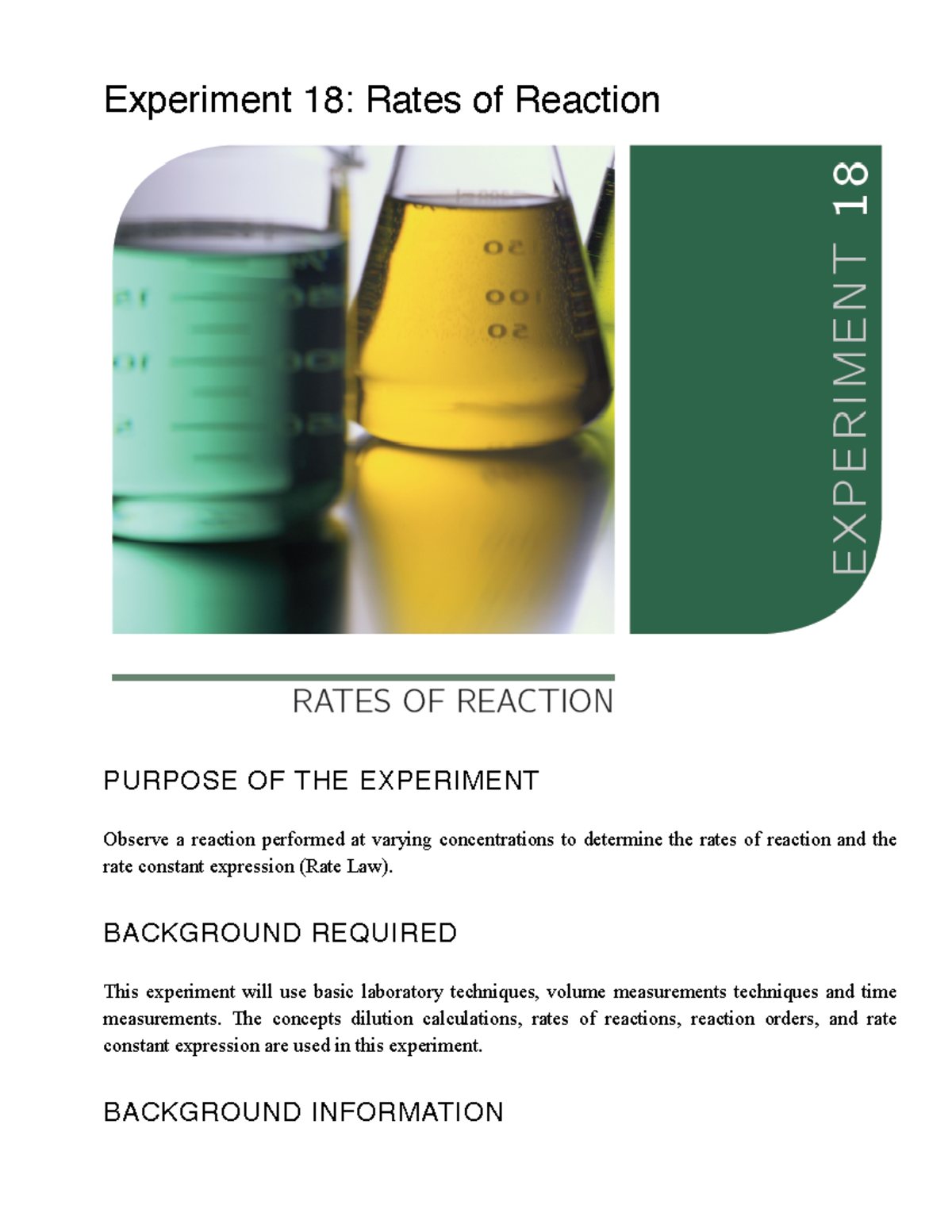 Experiment 18 Rates of Reaction - Experiment 18: Rates of Reaction ...