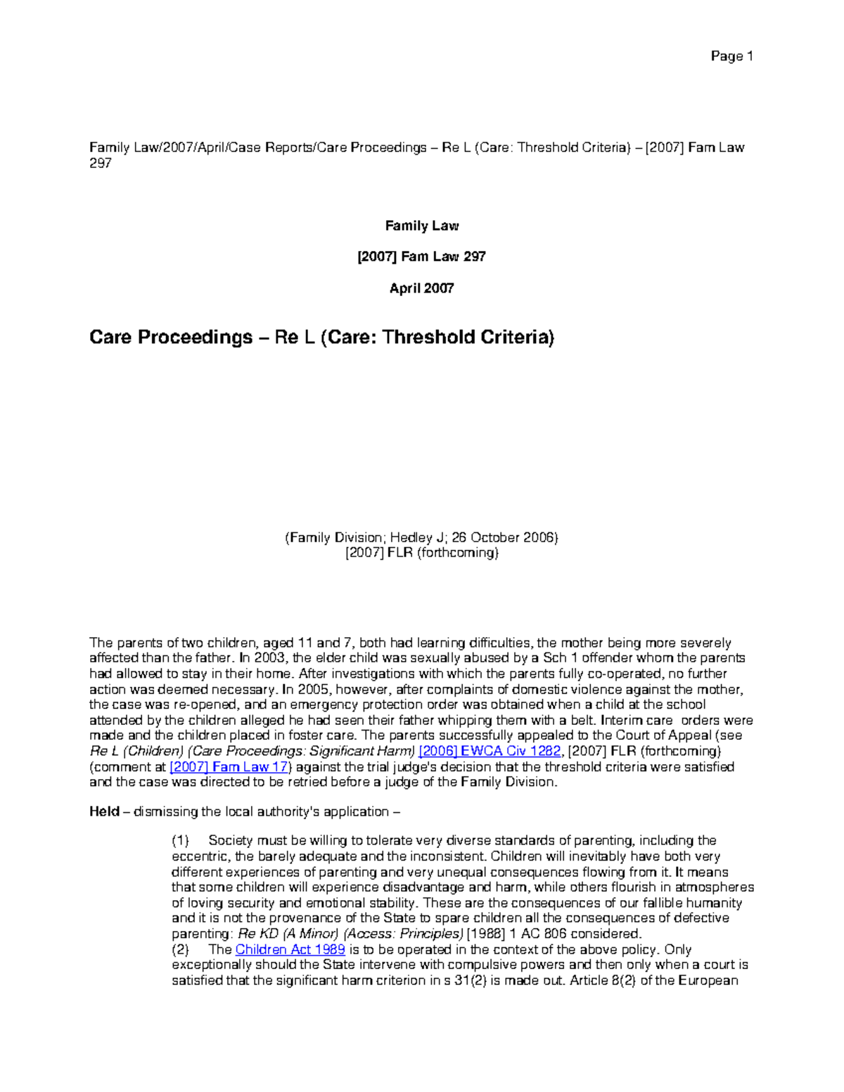 Care Proceedings Re L (Care Threshold Cri Family Law/2007/April