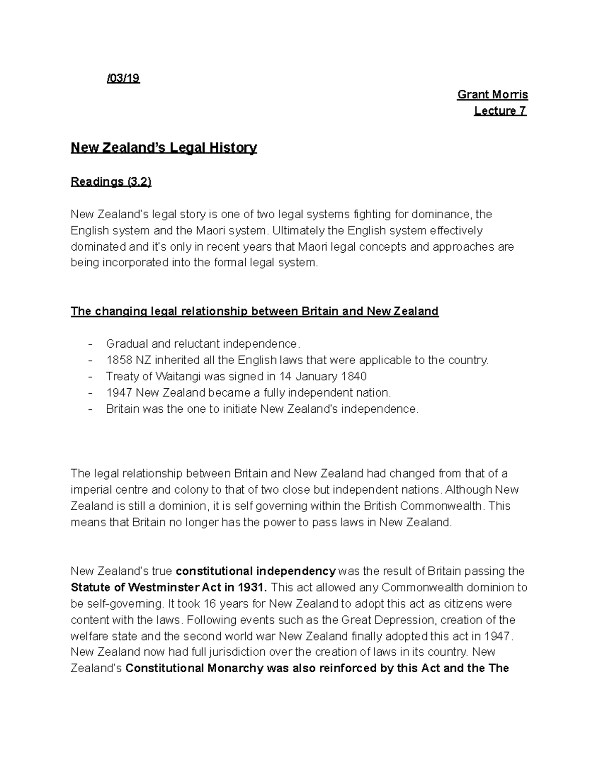 Lecture 7 LAWS121 legal history Grant Morris Lecture 7 New Legal History Readings (3) New