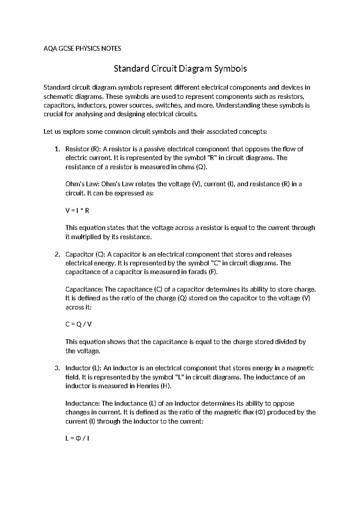 Standard Circuit Diagram Symbols GCSE Physics AQA - AQA GCSE PHYSICS ...