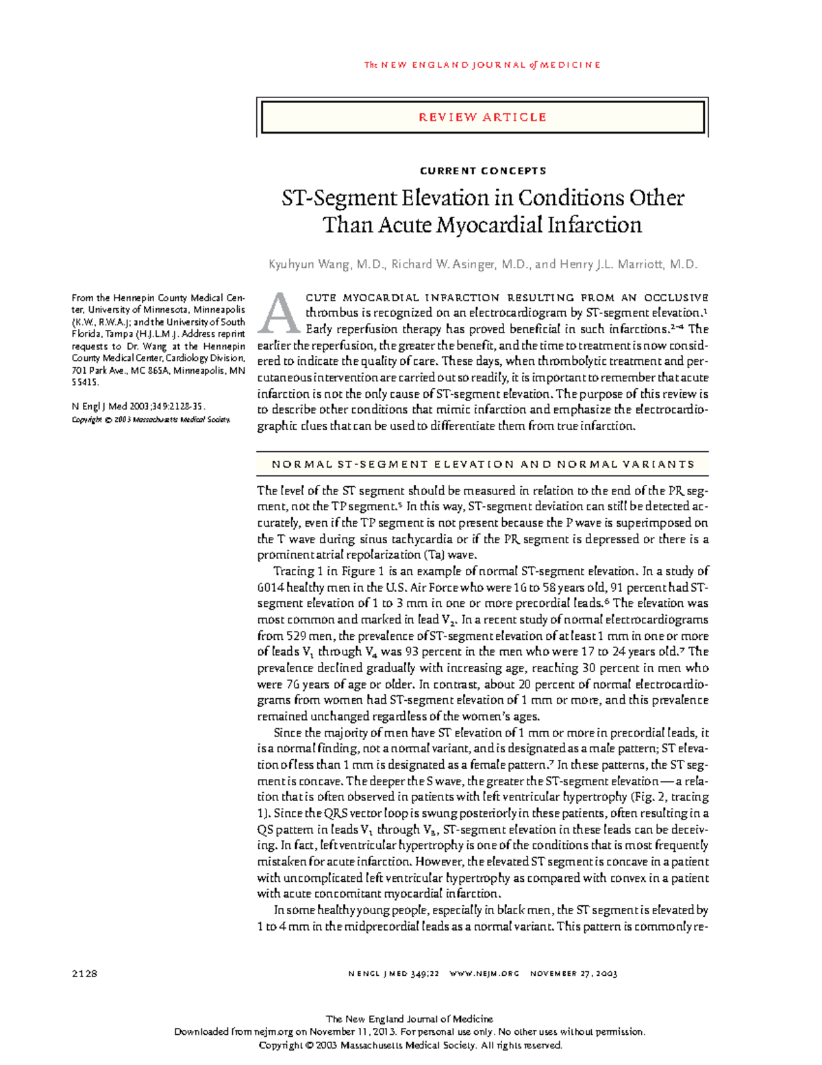 Elevación del segmento ST en condiciones distintas al IAM NEJM review article The new