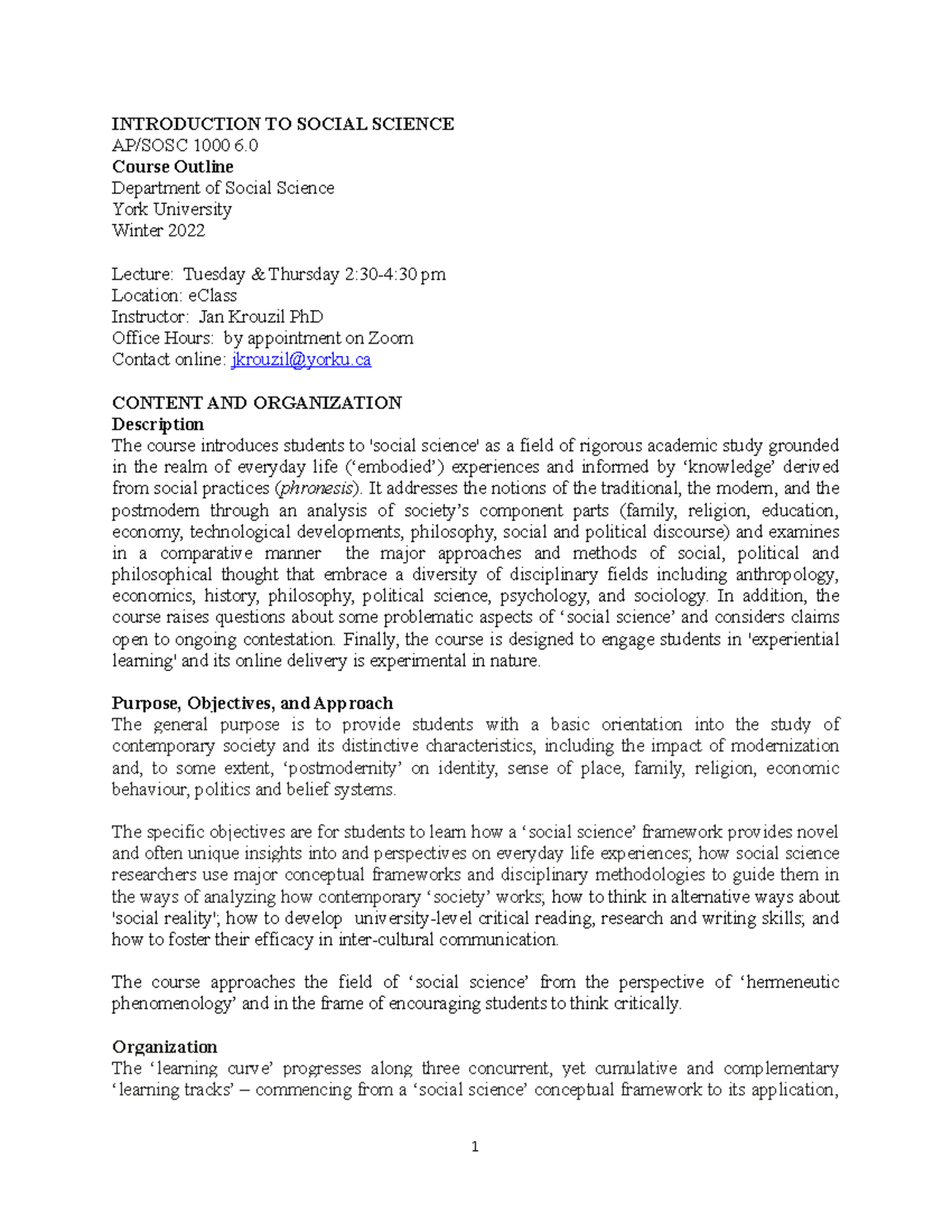 Course outline ap/sosc 1000 INTRODUCTION TO SOCIAL SCIENCE AP/SOSC