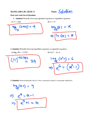 MATH 1240L-01 Quiz 13 Solution - MATH 1240 L- 01 - QUIZ 13 Name: Show ...