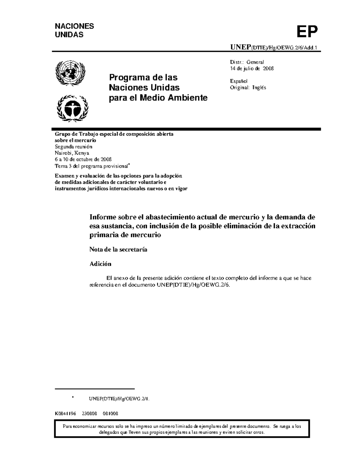 Programa de las Naciones Unidas para el medio ambiente - K0841196 ...