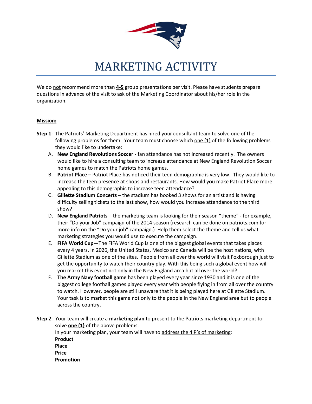 Pats Project 2024 MARKETING ACTIVITY We do not more than 4