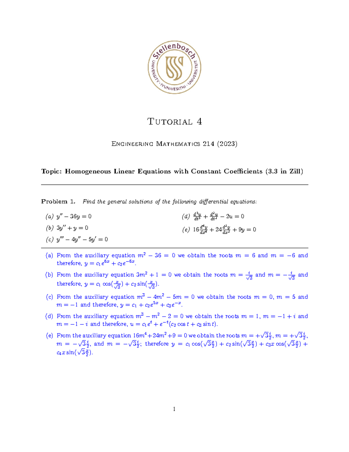 Tutorial 4 Memo Tut Memo Tutorial 4 Engineering Mathematics 214 2023 Topic Homogeneous 8186