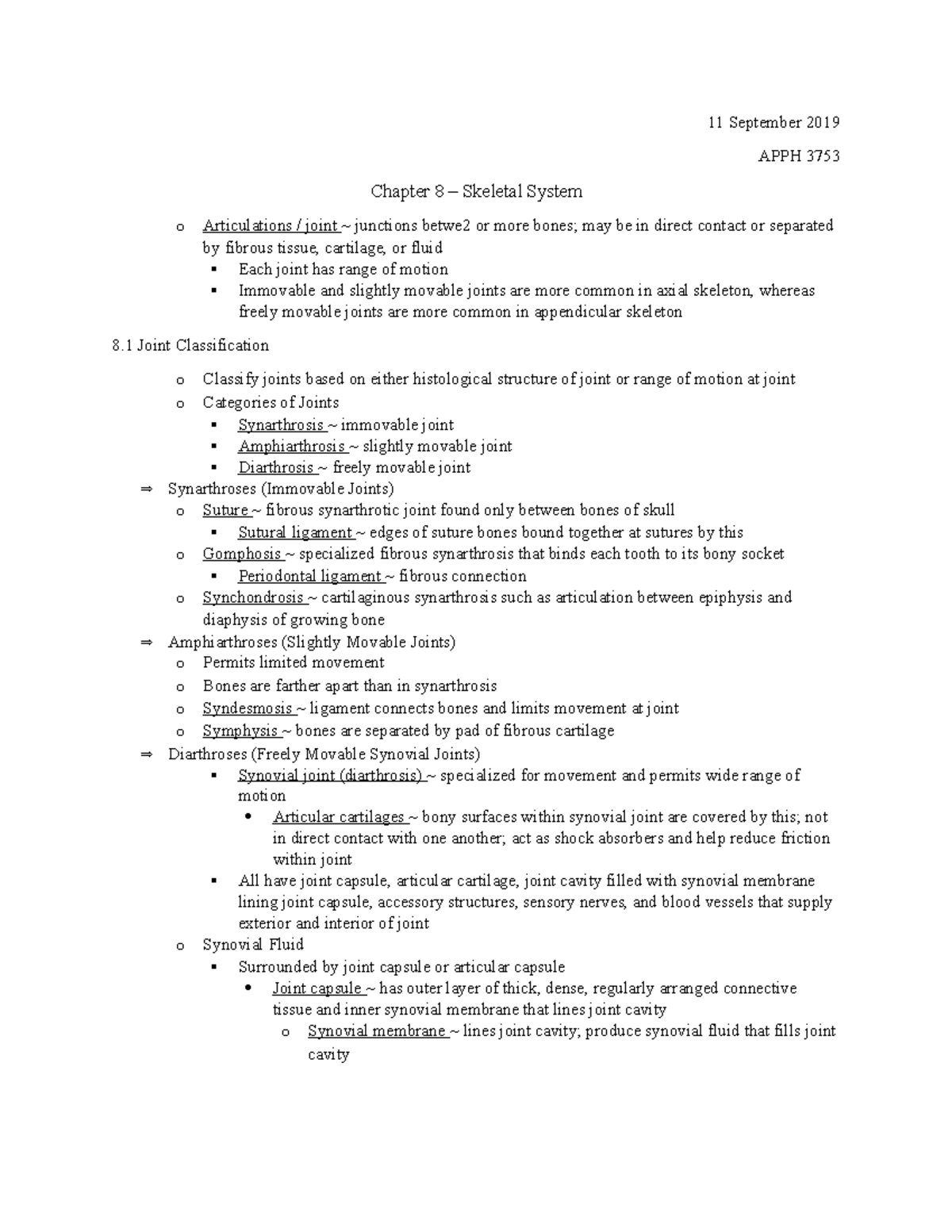 Chapter 8 – Skeletal System - 11 September 2019 APPH 3753 Chapter 8 ...