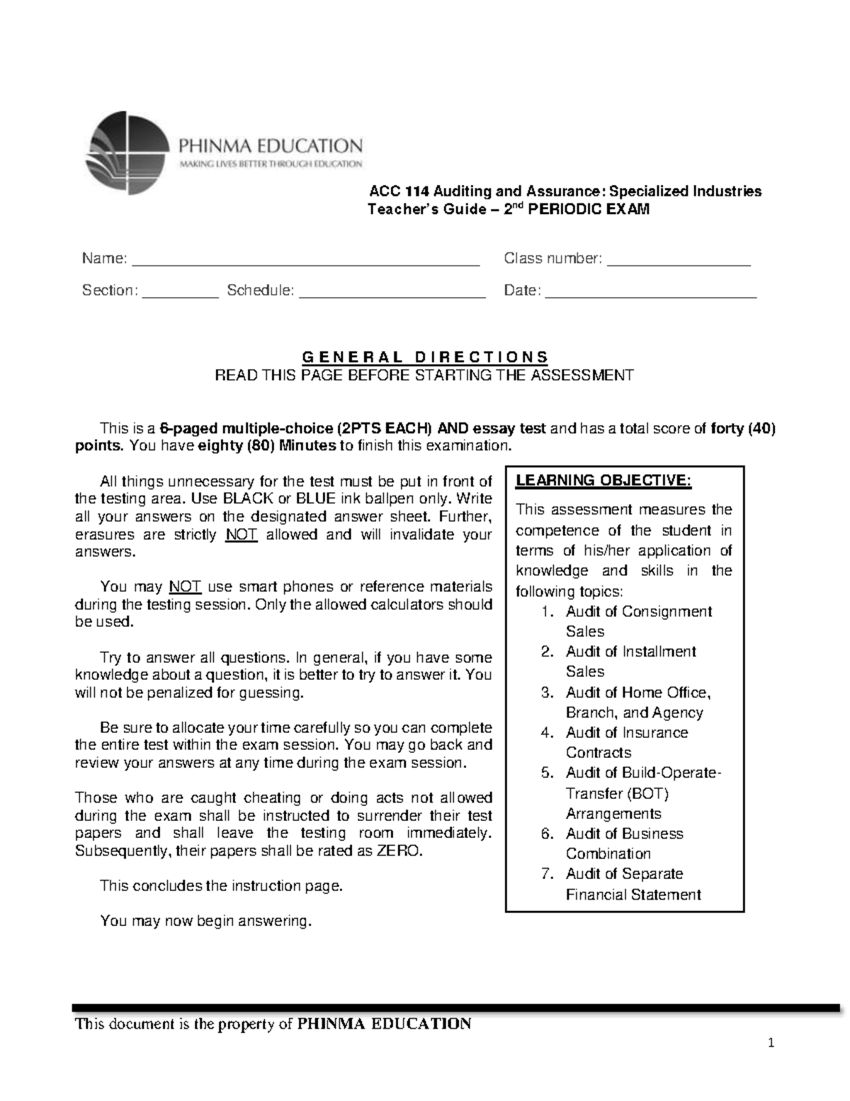 Auditing practice materials - Teacher’s Guide – 2 nd PERIODIC EXAM Name ...