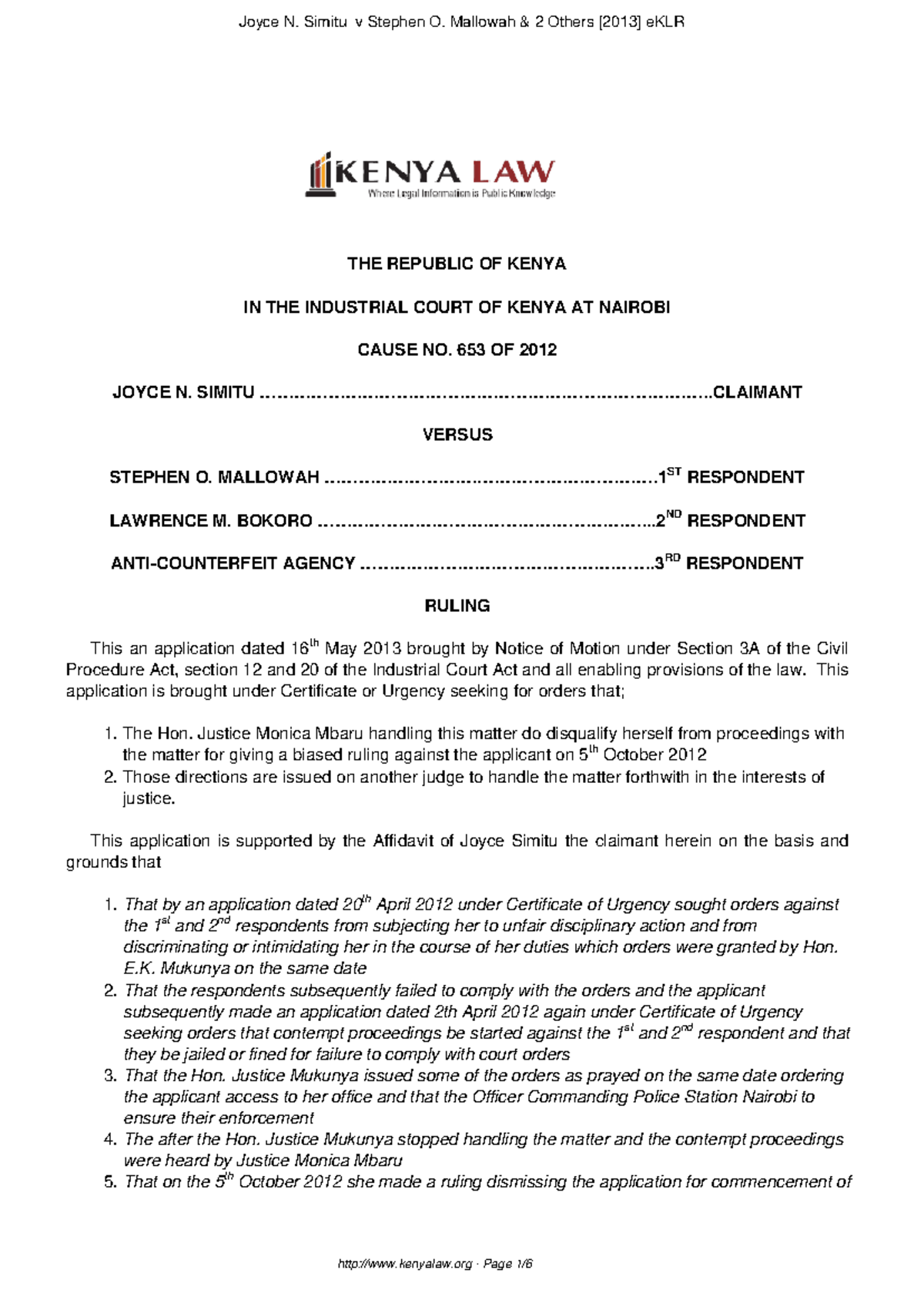 Cause 653 Of 2012 Good THE REPUBLIC OF KENYA IN THE INDUSTRIAL