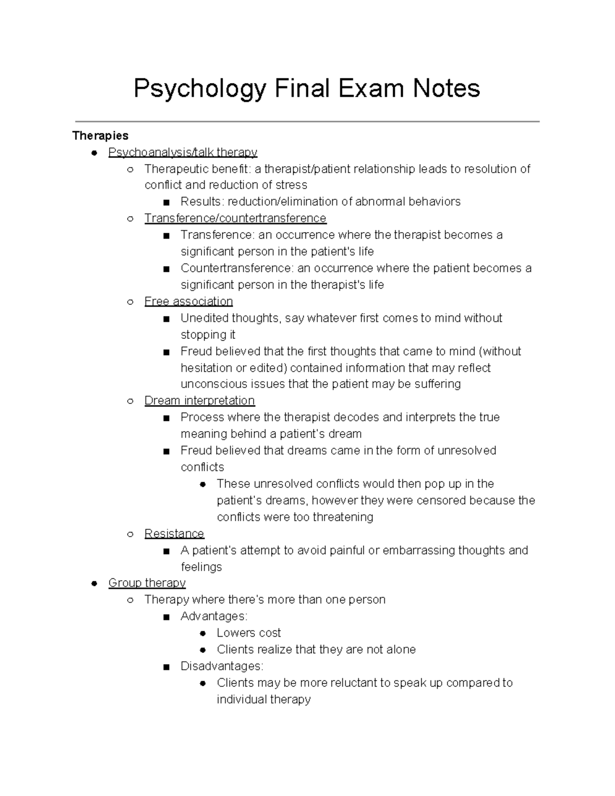 Psychology Final Notes Psychology Final Exam Notes Therapies