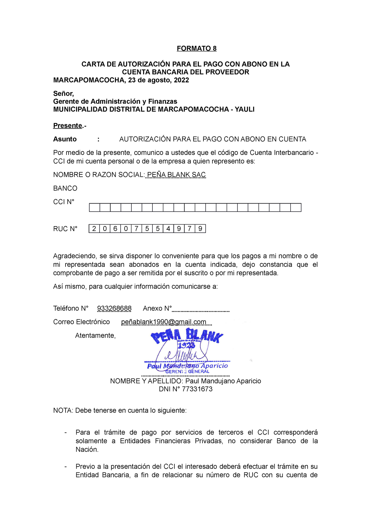 Formato 8 Cci Ccik Formato 8 Carta De AutorizaciÓn Para El Pago Con Abono En La Cuenta 9235