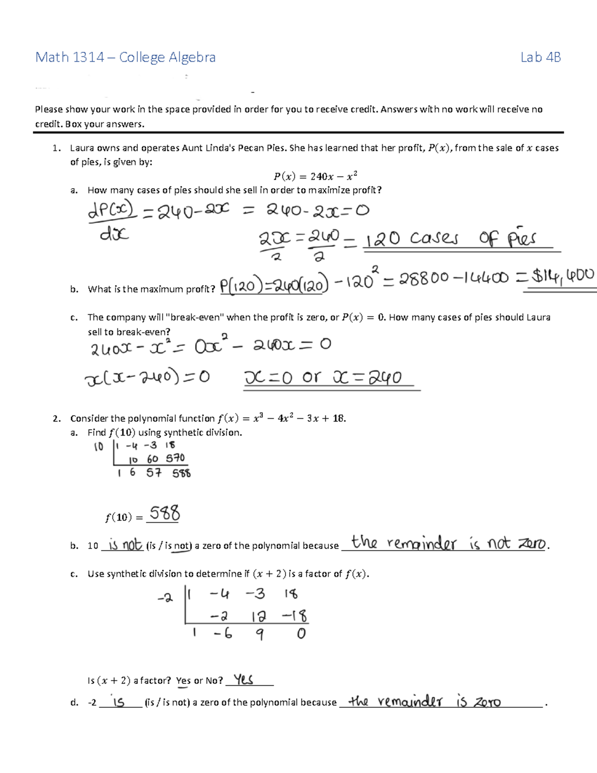 Lab blitzer 4B - Lab 4B questions and answers - Math 1314 – College ...