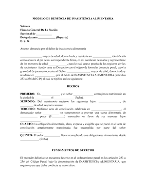 Denuncia Alimentos Fiscalia - MODELO DE DENUNCIA DE INASISTENCIA ALIMENTARIA  Señores Fiscalía - Studocu