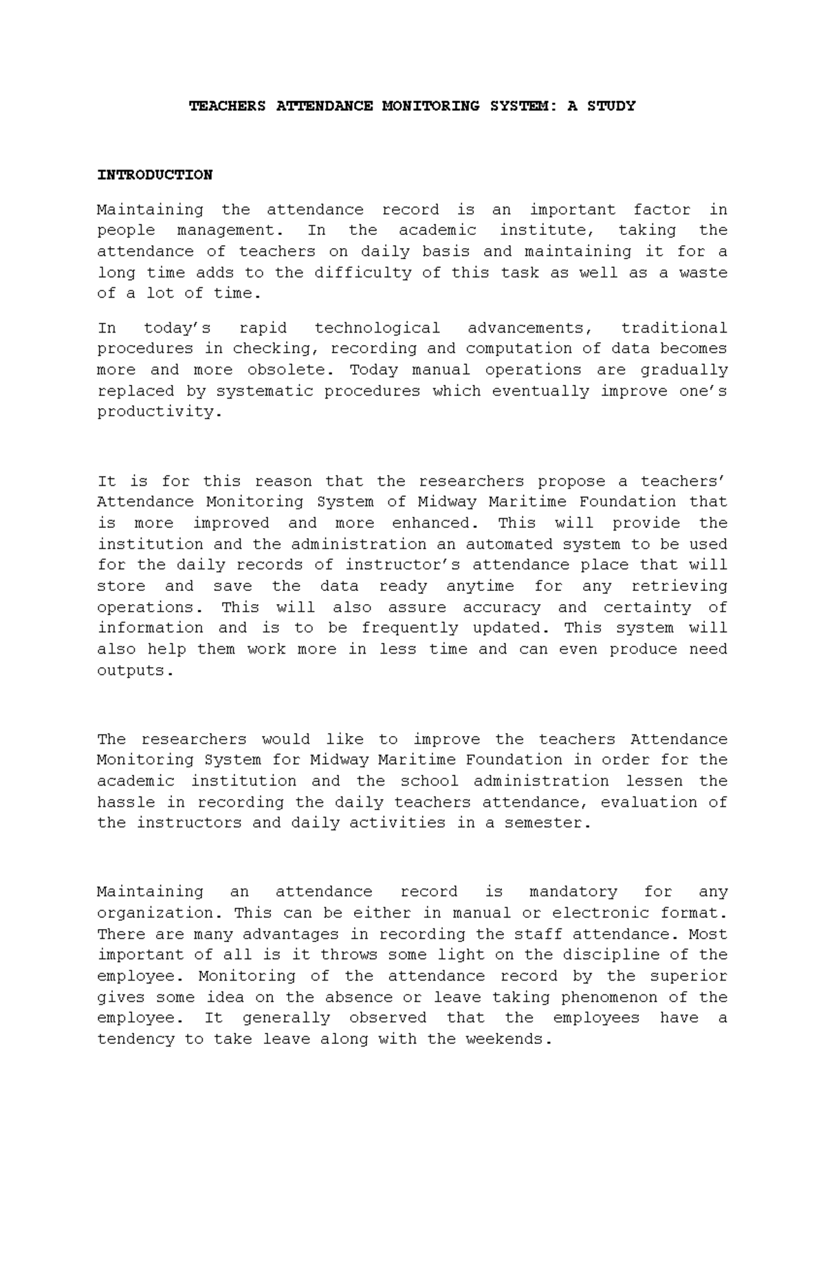 Teachers Attendance Monitoring System A TEACHERS ATTENDANCE