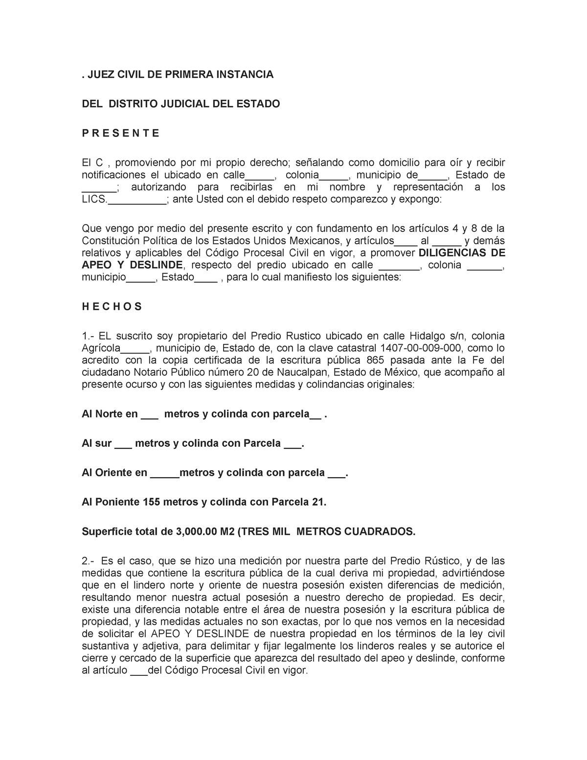 Demanda DE APEO Y Deslinde Agrario - . JUEZ CIVIL DE PRIMERA INSTANCIA ...