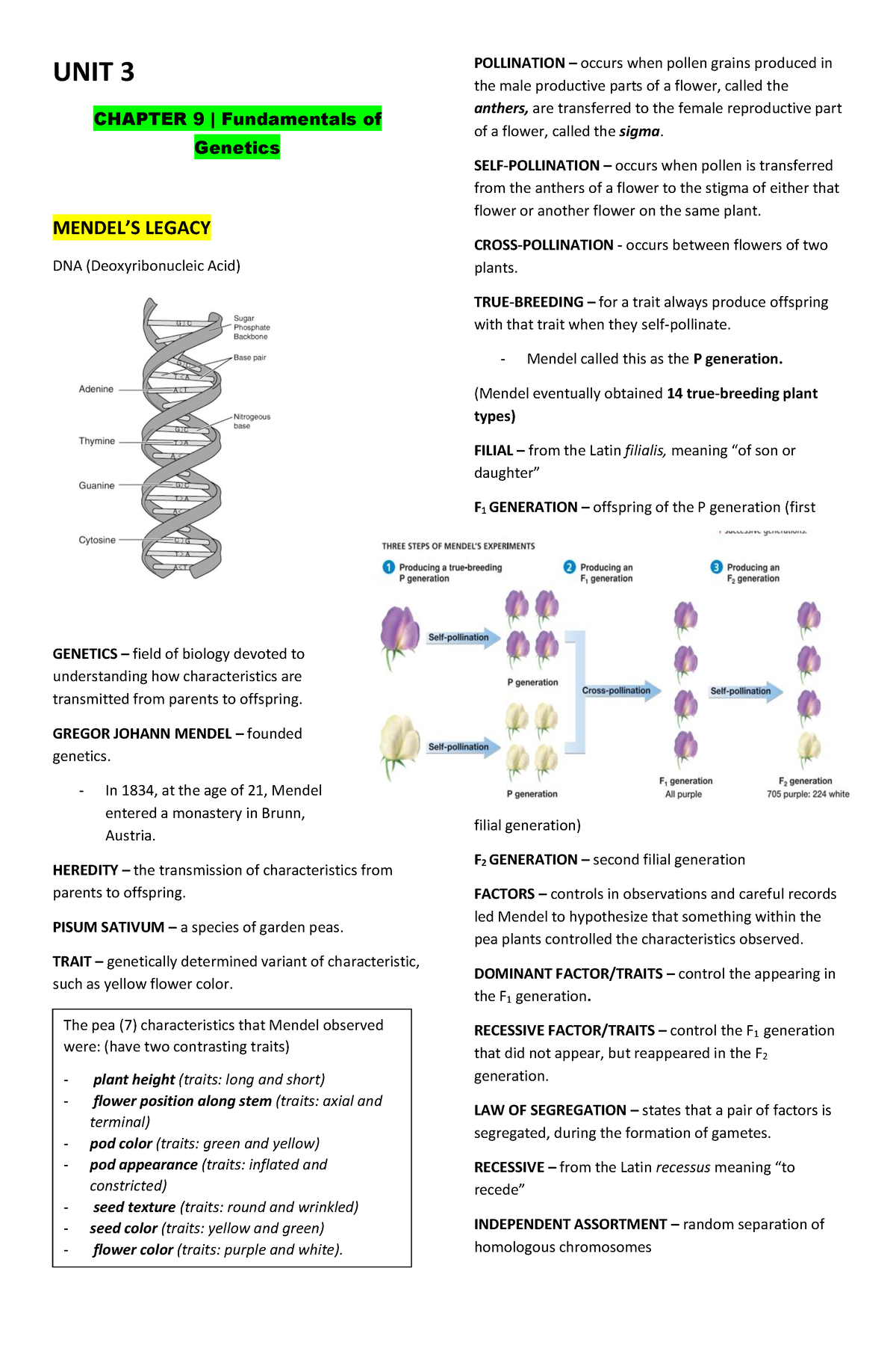 BIOO UNIT 3 6 - Bio - UNIT 3 CHAPTER 9 | Fundamentals Of Genetics ...