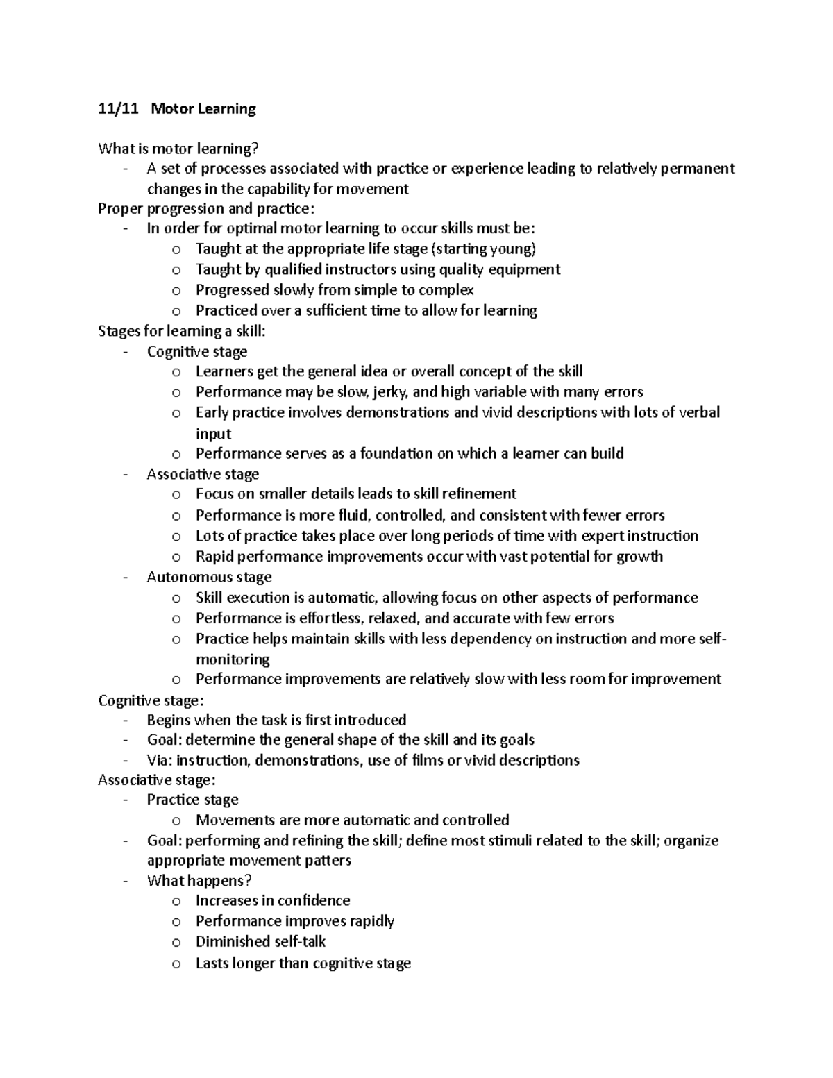 11/11 Motor Learning 11/11 Motor Learning What is motor learning? A