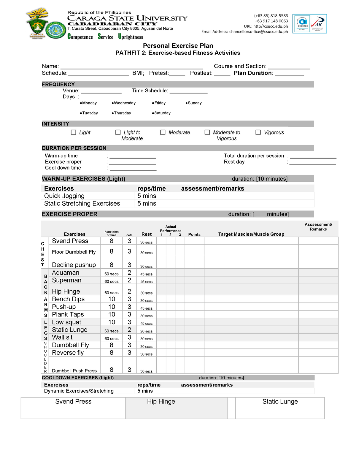 Pathfit Exercise Plan Form - Personal Exercise Plan PATHFIT 2: Exercise ...