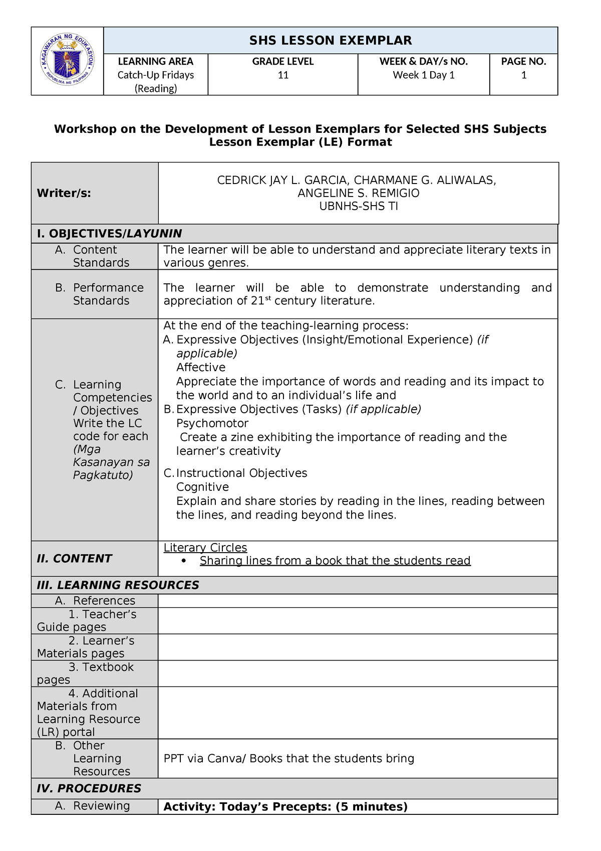 SHS-Lesson-Exemplar-Catch-up Friday-Reading-Feb 16 2024 - LEARNING AREA ...