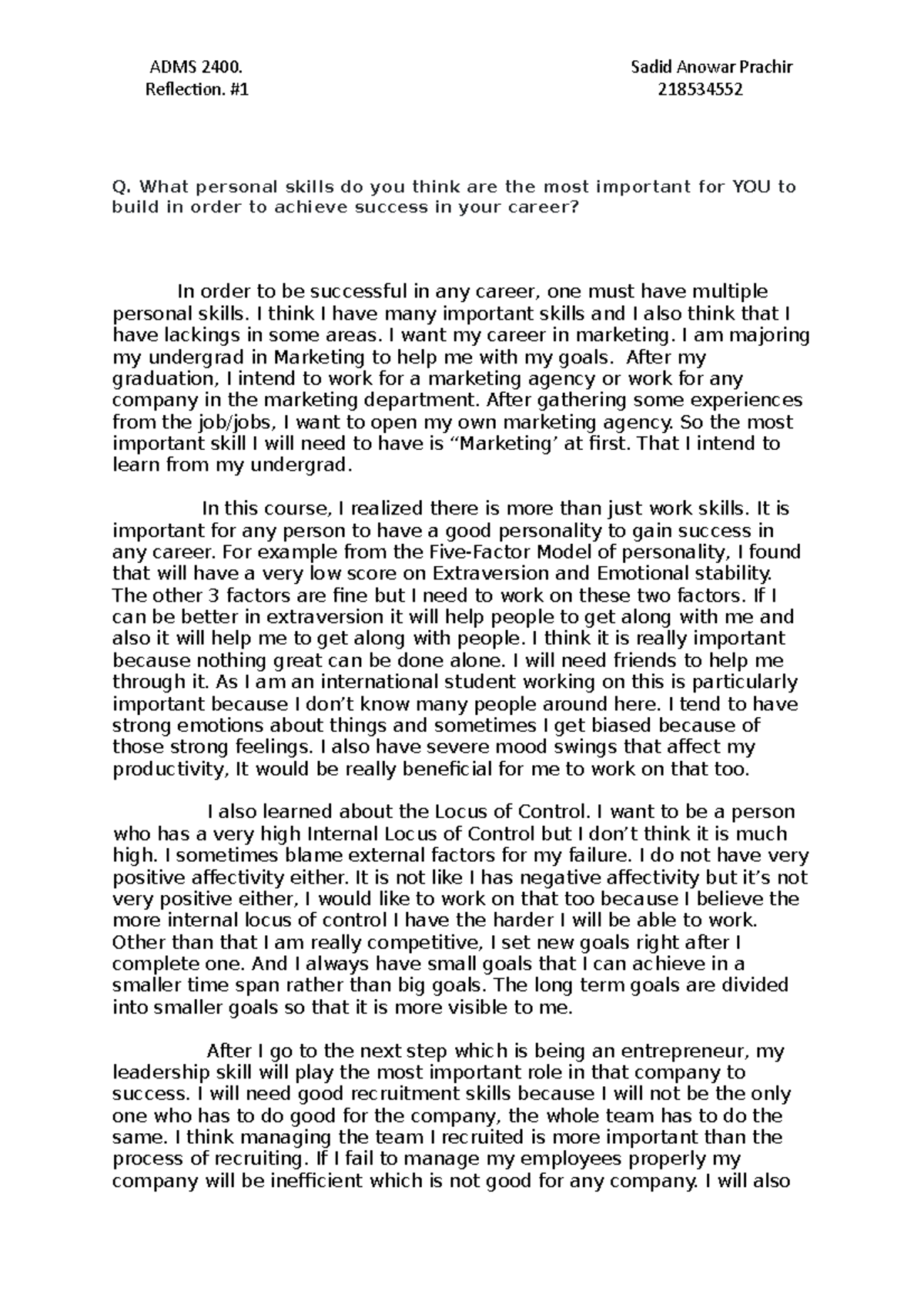 ADMS 2400 Reflection 1 - ADMS 2400. Sadid Anowar Prachir Reflection. #1 ...