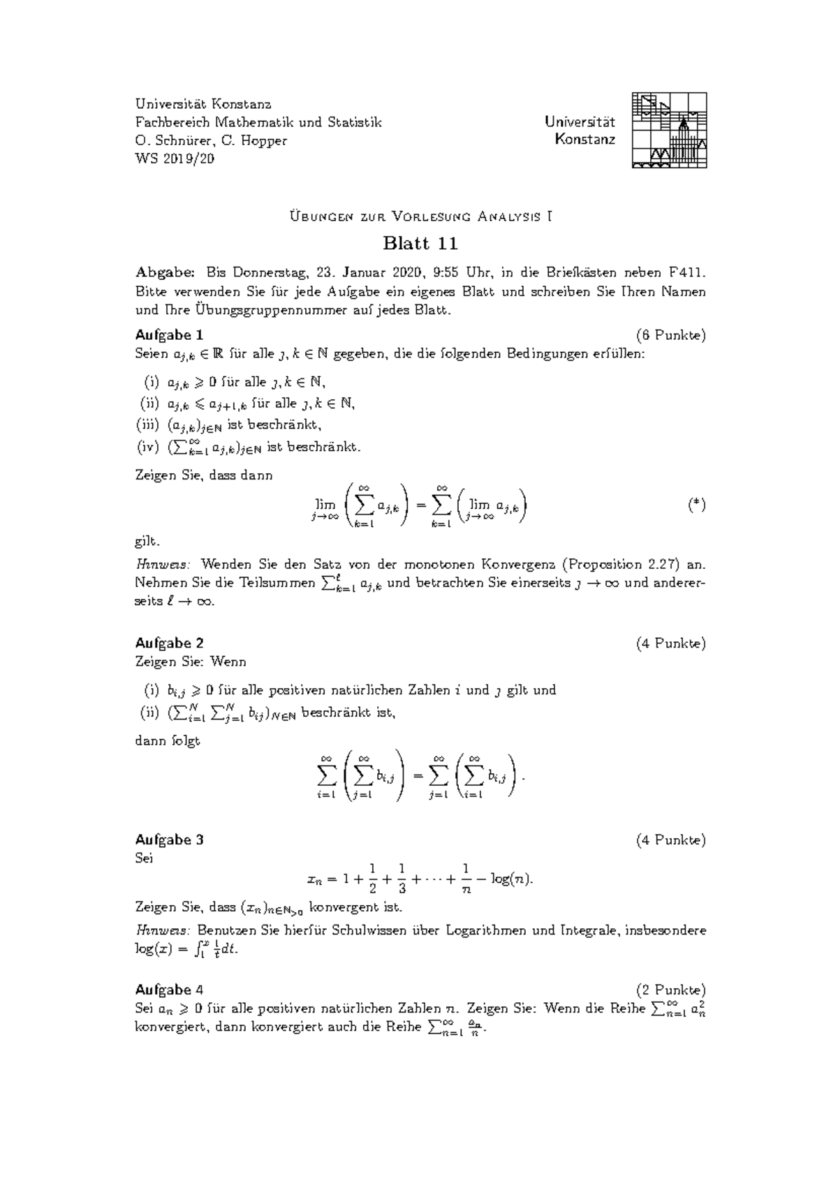 Blatt 11 Übungen Zur Vorlesung Analysis I Universität Konstanz Fachbereich Mathematik Und