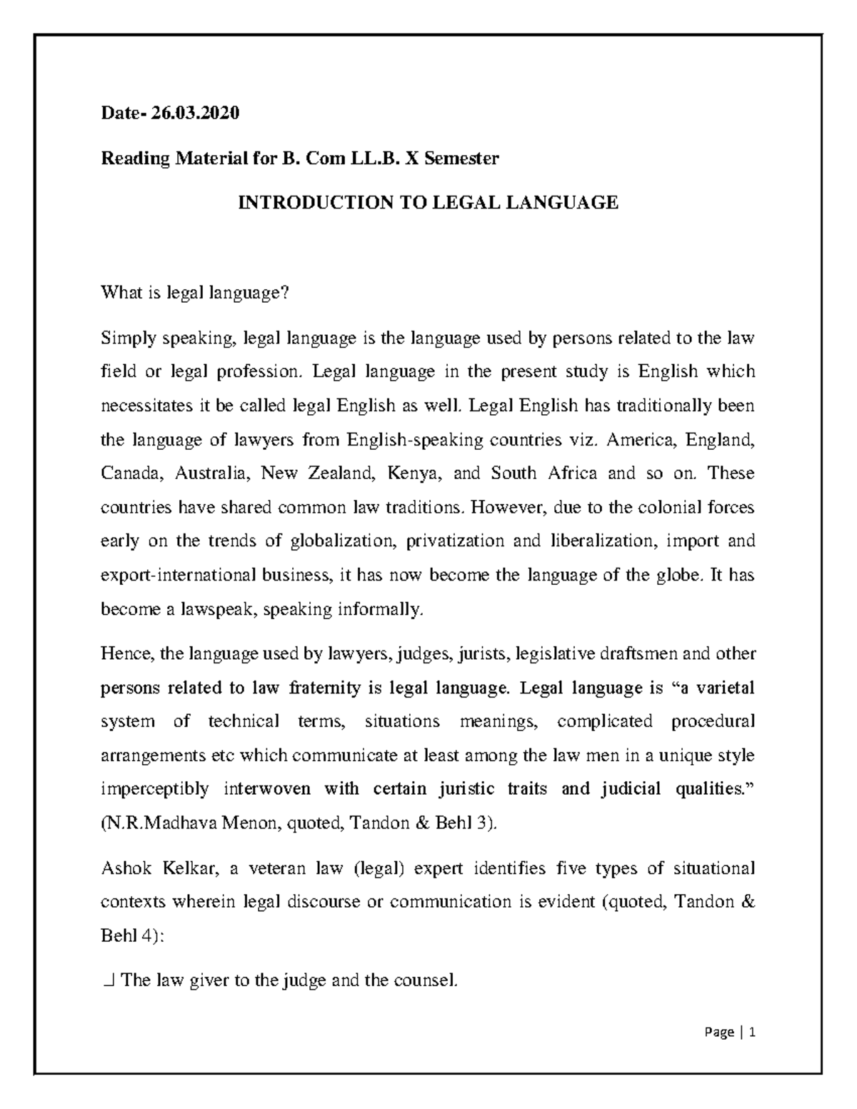 2. What is Legal Language - Date- 26. Reading Material for B. Com LL. X ...