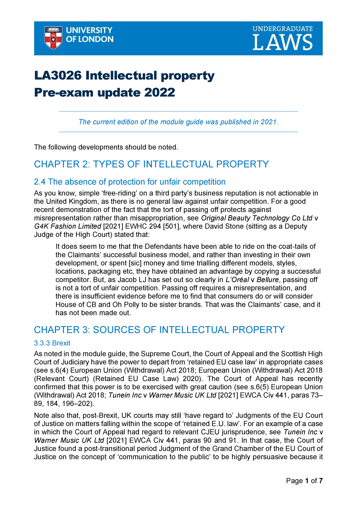 Pre Exam Update For Intellectual Property 2022 - LA3026 Intellectual ...