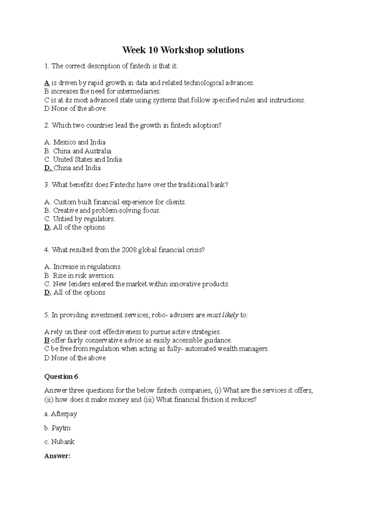 Week 10 Workshop solutions - Week 10 Workshop solutions The correct ...