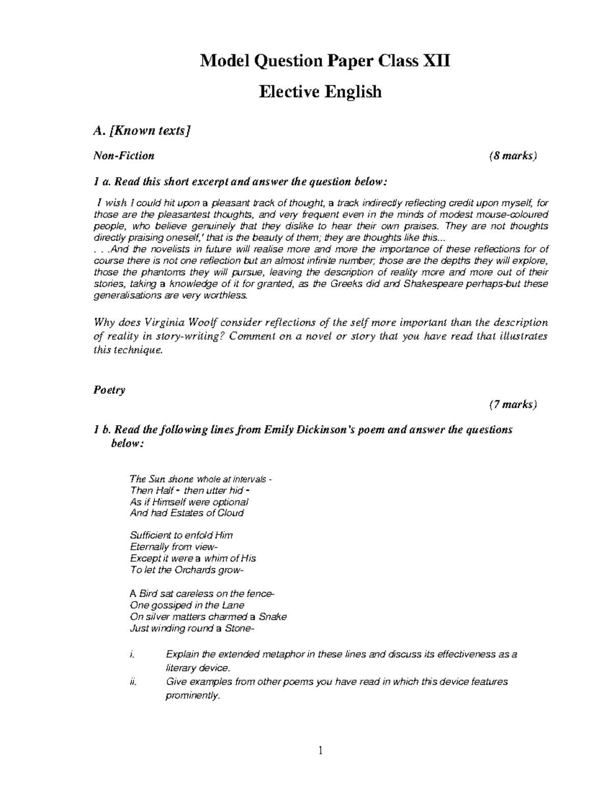 English Elective - Practice paper - Model Question Paper Class XII ...