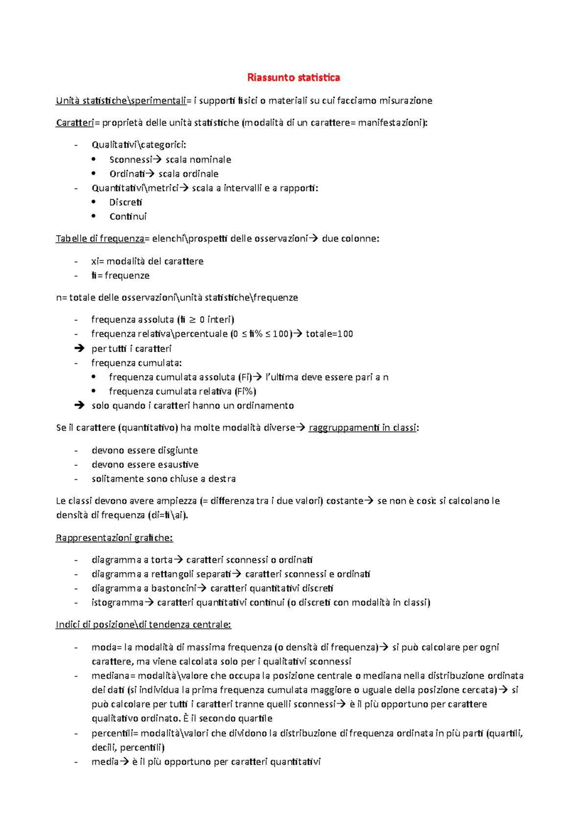 Riassunto Statistica Lezioni - Riassunto Statistica Unità Statistiche 