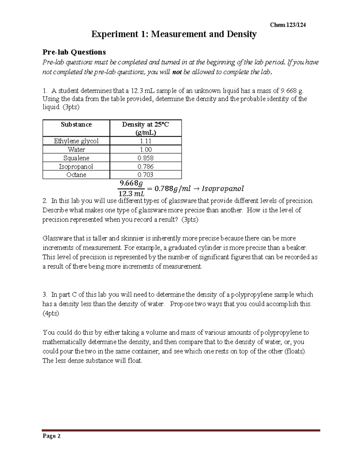 Experiment 1 Measurement And Density Pre Lab Chem 123 Experiment 1
