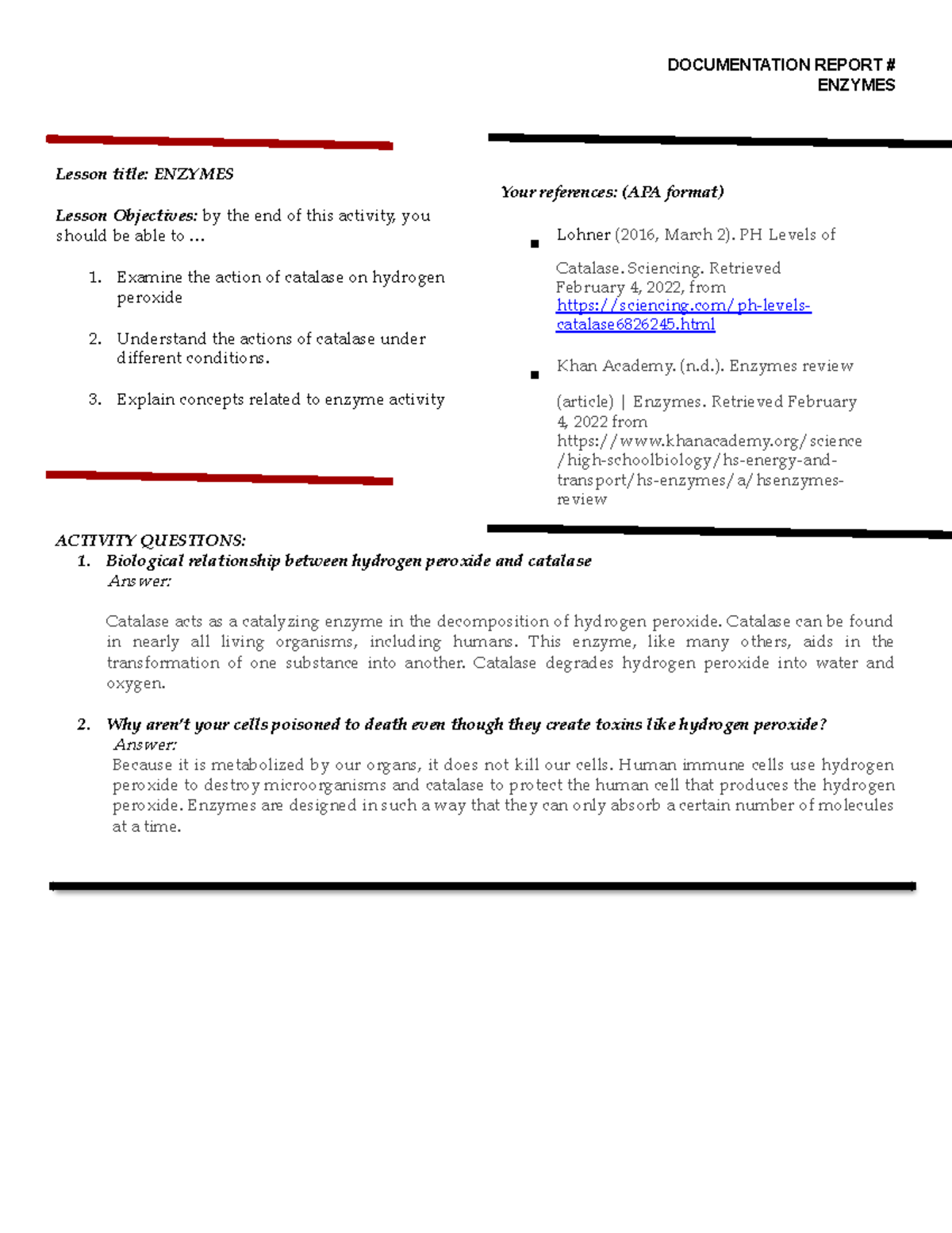 Documentation Report Enzymes - Lesson title: ENZYMES Lesson Objectives ...