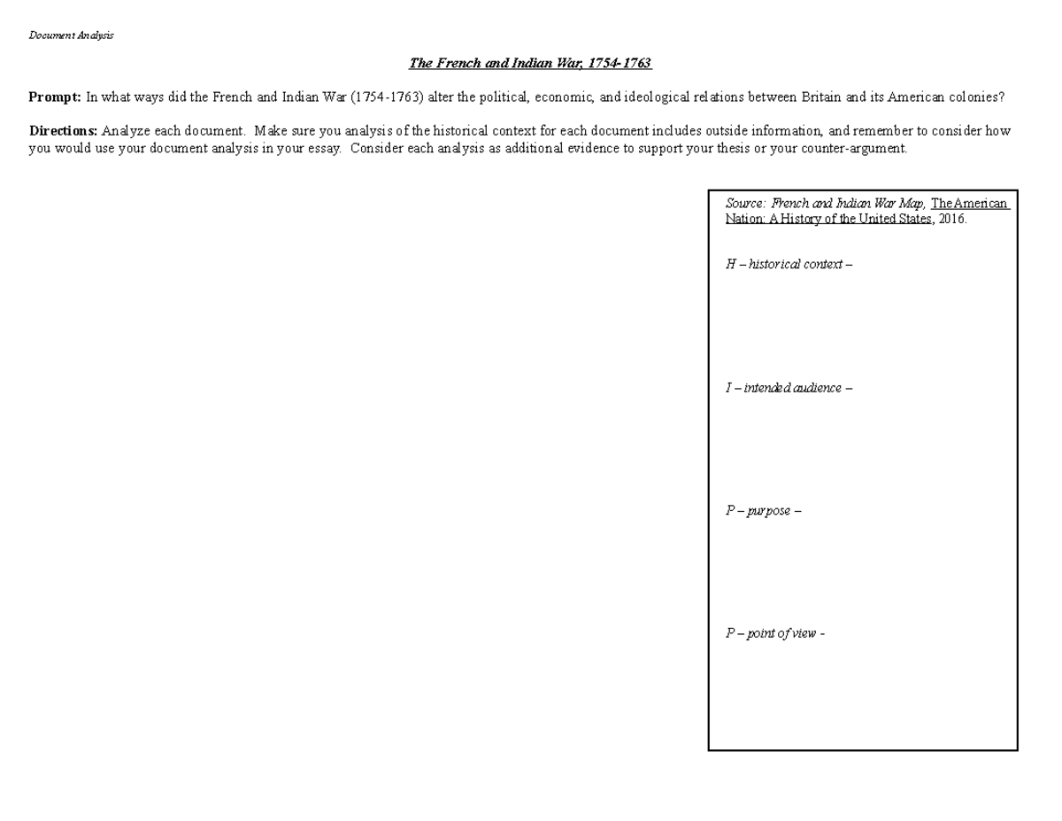 Ap Us History Dbq French Indian War Document Analysis The French And Indian War 1754