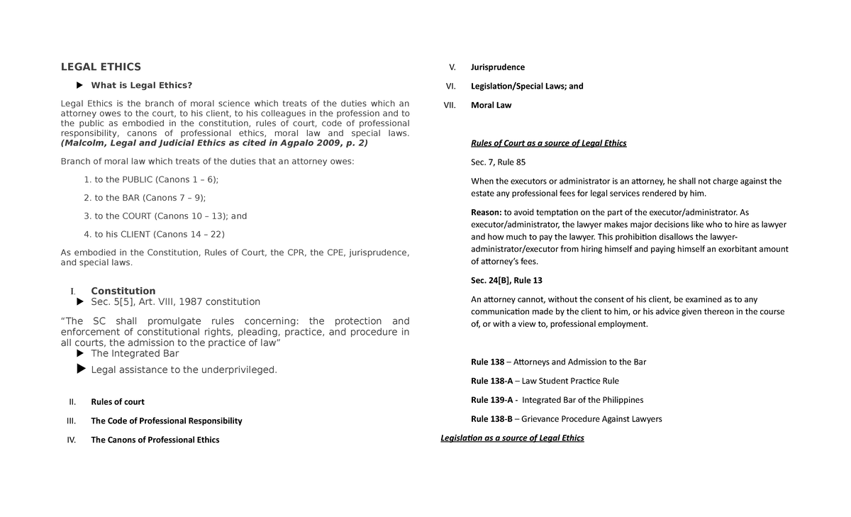 Legal Ethics Lecture notes 1 LEGAL ETHICS What is Legal Ethics