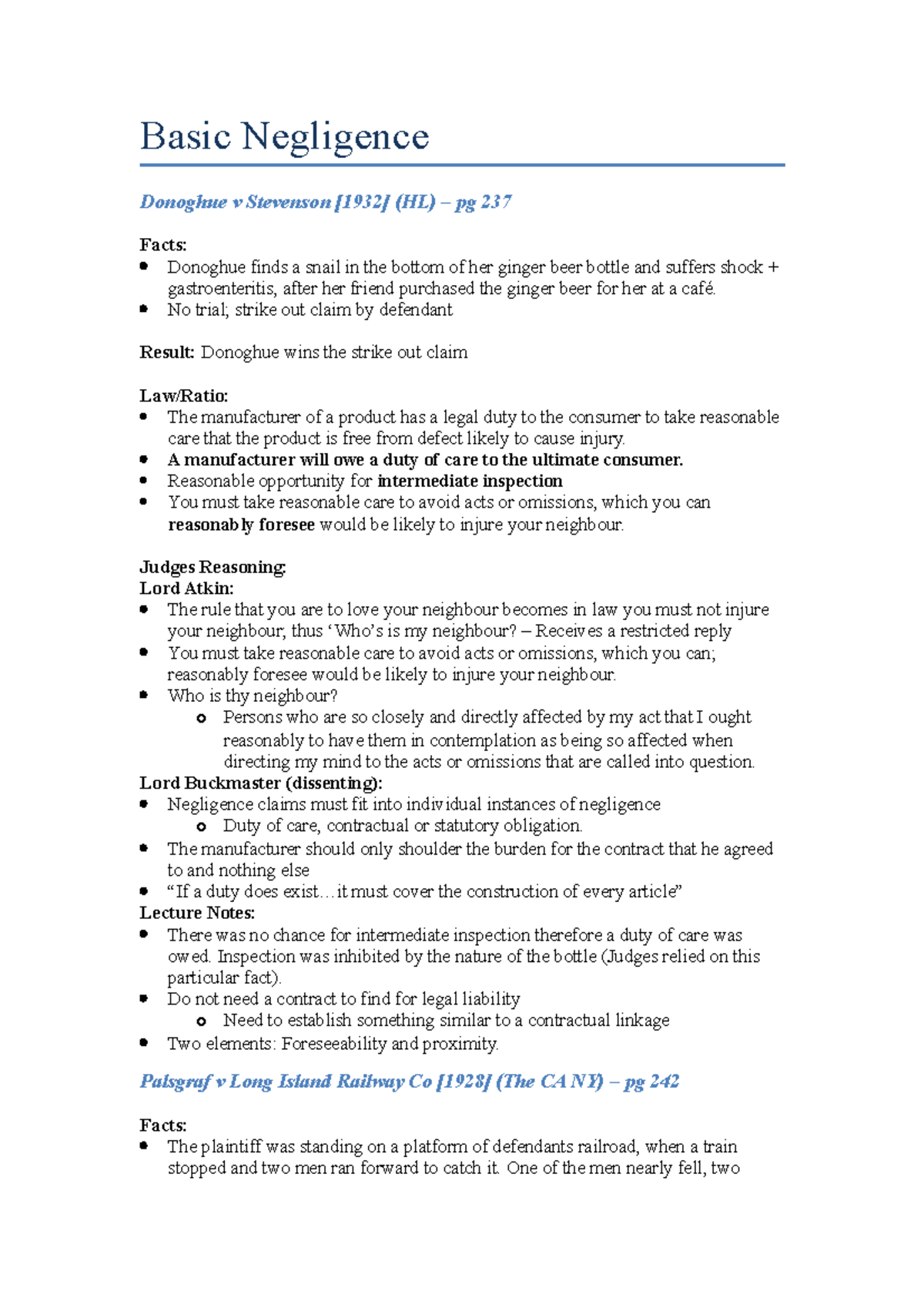 Basic Negligence - Notes - Basic Negligence Donoghue v Stevenson [1932 ...