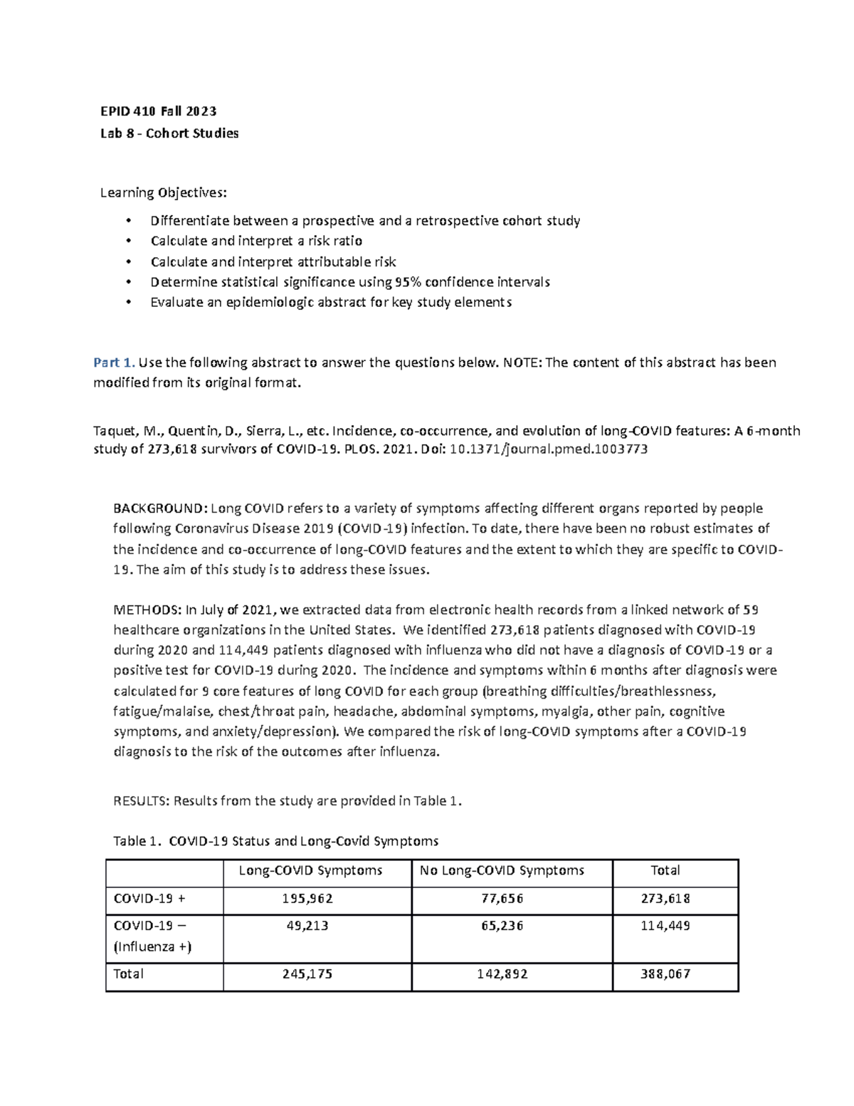 8. Cohort Studies - This is for lab 8 for EPID 410 - EPID 410 Fall 2023 ...