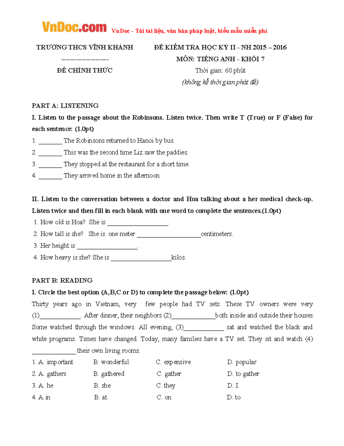 Bo de thi hoc ky 2 mon tieng anh lop 7 co dap an - PART A: LISTENING I ...