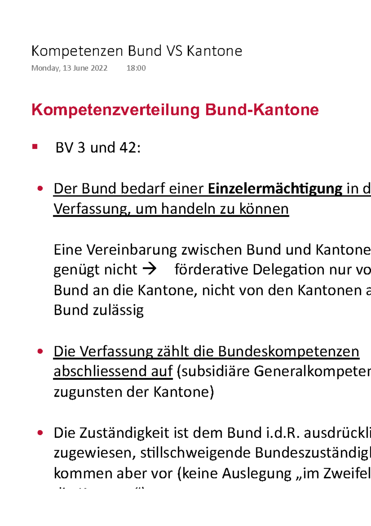 Kompetenzen Bund VS Kantone - Kompetenzverteilung Bund-Kantone § BV 3 ...