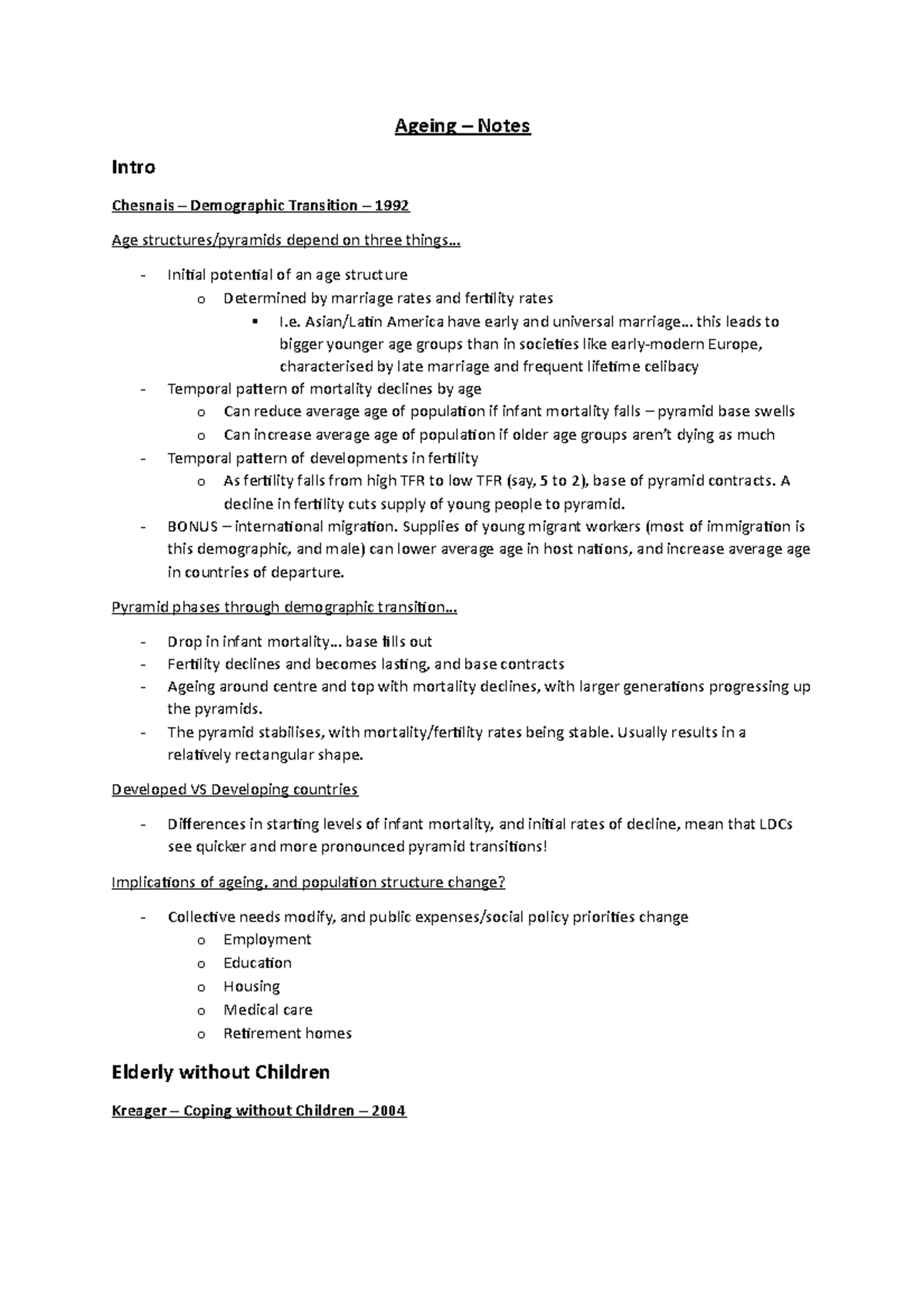 Ageing - Summary Demography and population - Ageing – Notes Intro ...
