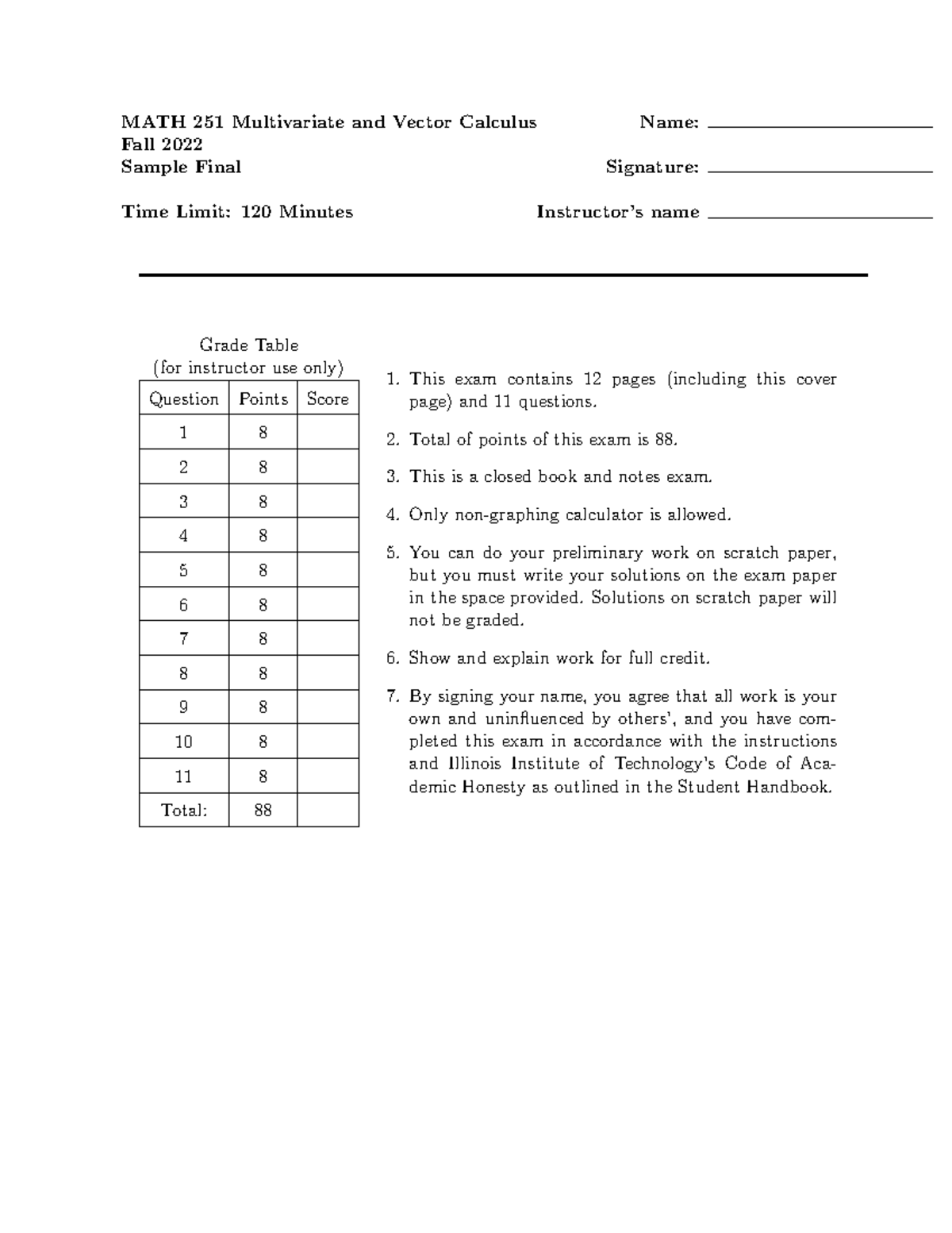 MATH 251-Practice Final V1 Questions - MATH 251 Multivariate and Vector ...