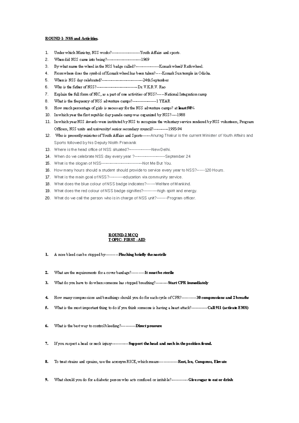 NSS - done - ROUND 1- NSS and Activities. Under which Ministry, NSS ...