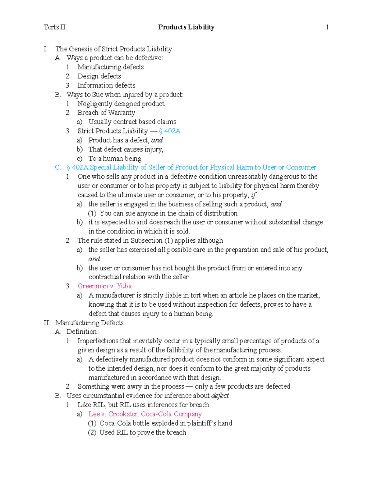 Products Liability Outline - I. The Genesis of Strict Products ...