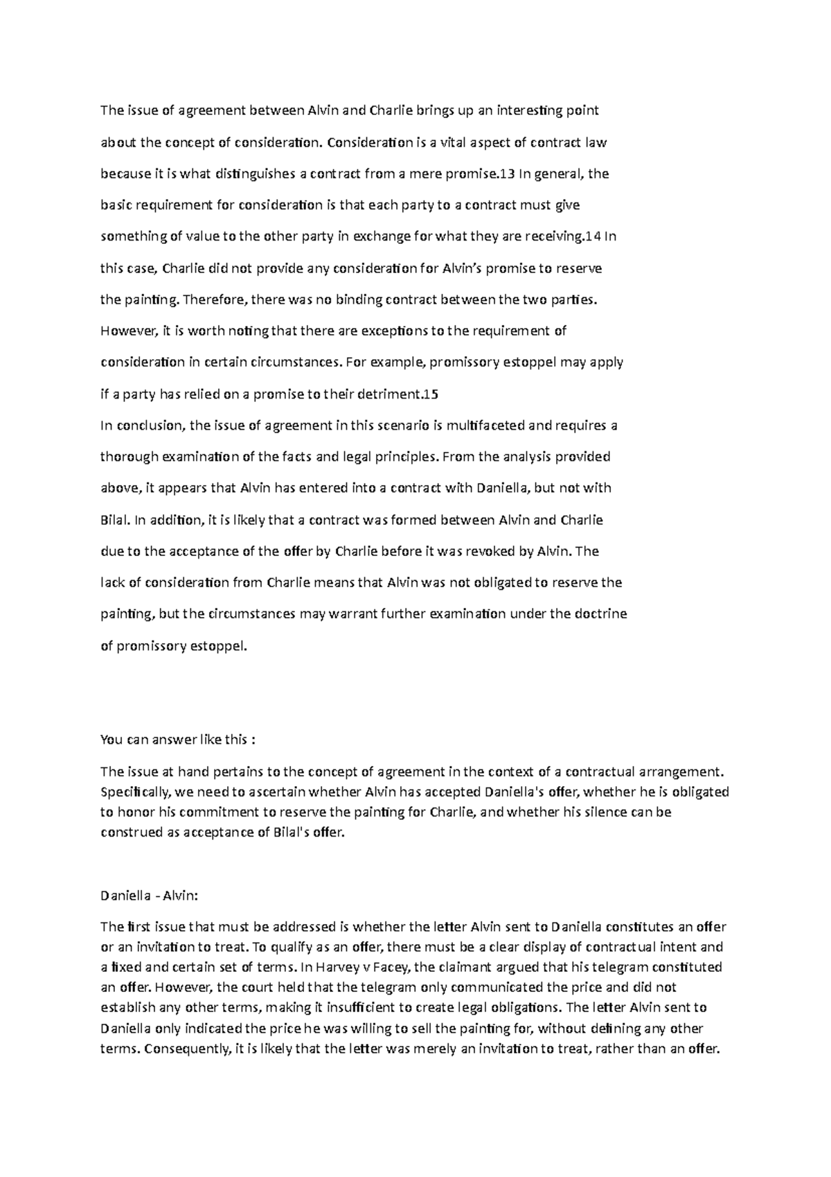 Contract law - Summary of the assignment of last year model answer ...