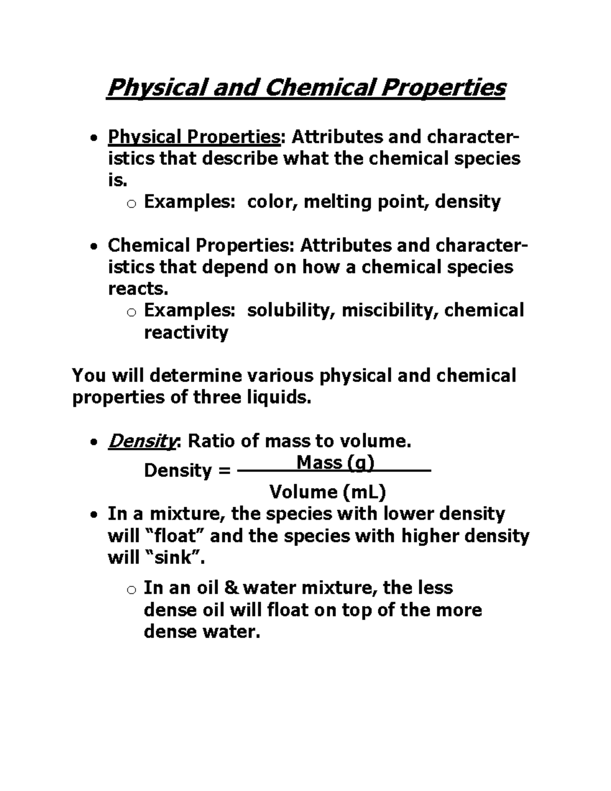 Experiment 1 - Physical and Chemical Properties • Physical Properties ...