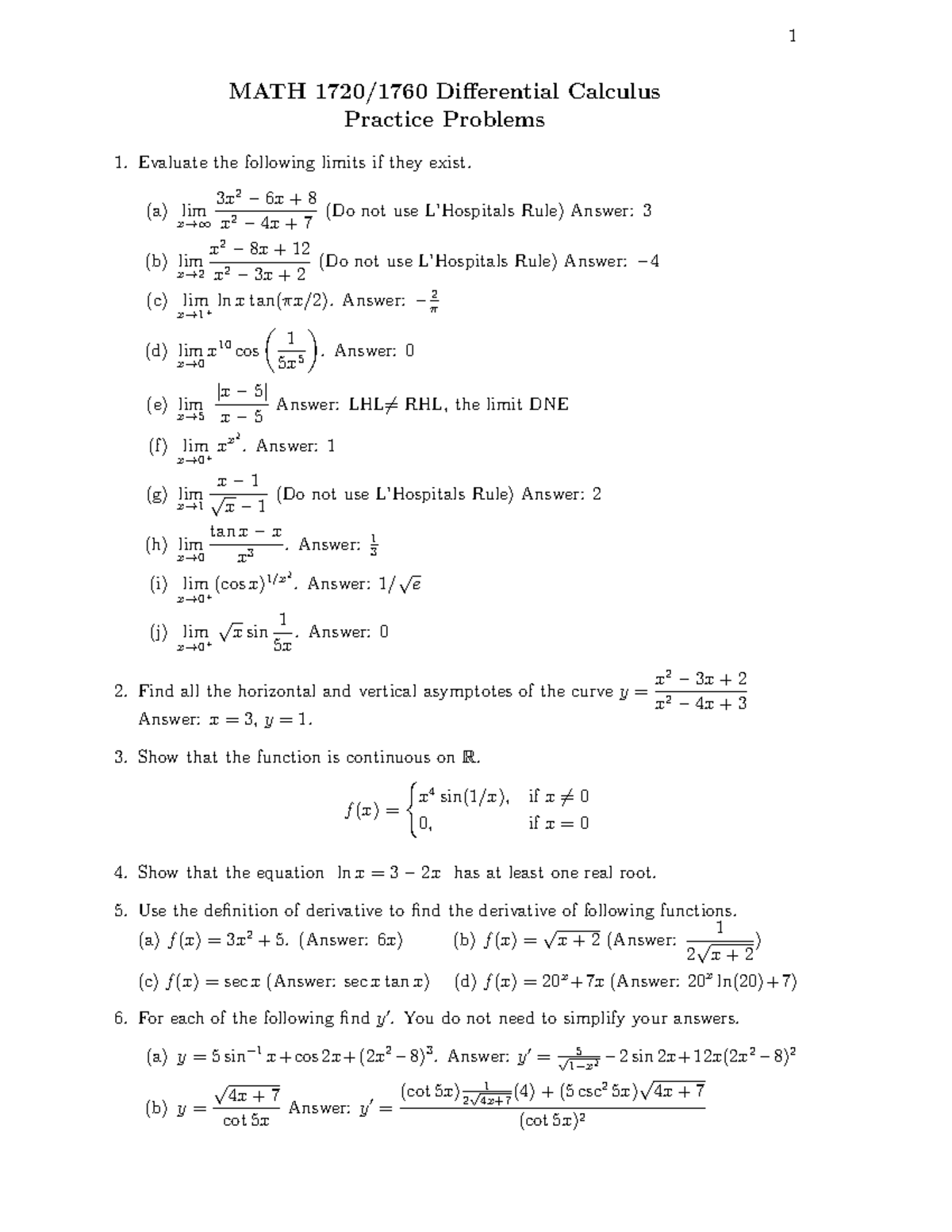 1760Practice Questions Final F19 1 MATH 1720/1760 Differential