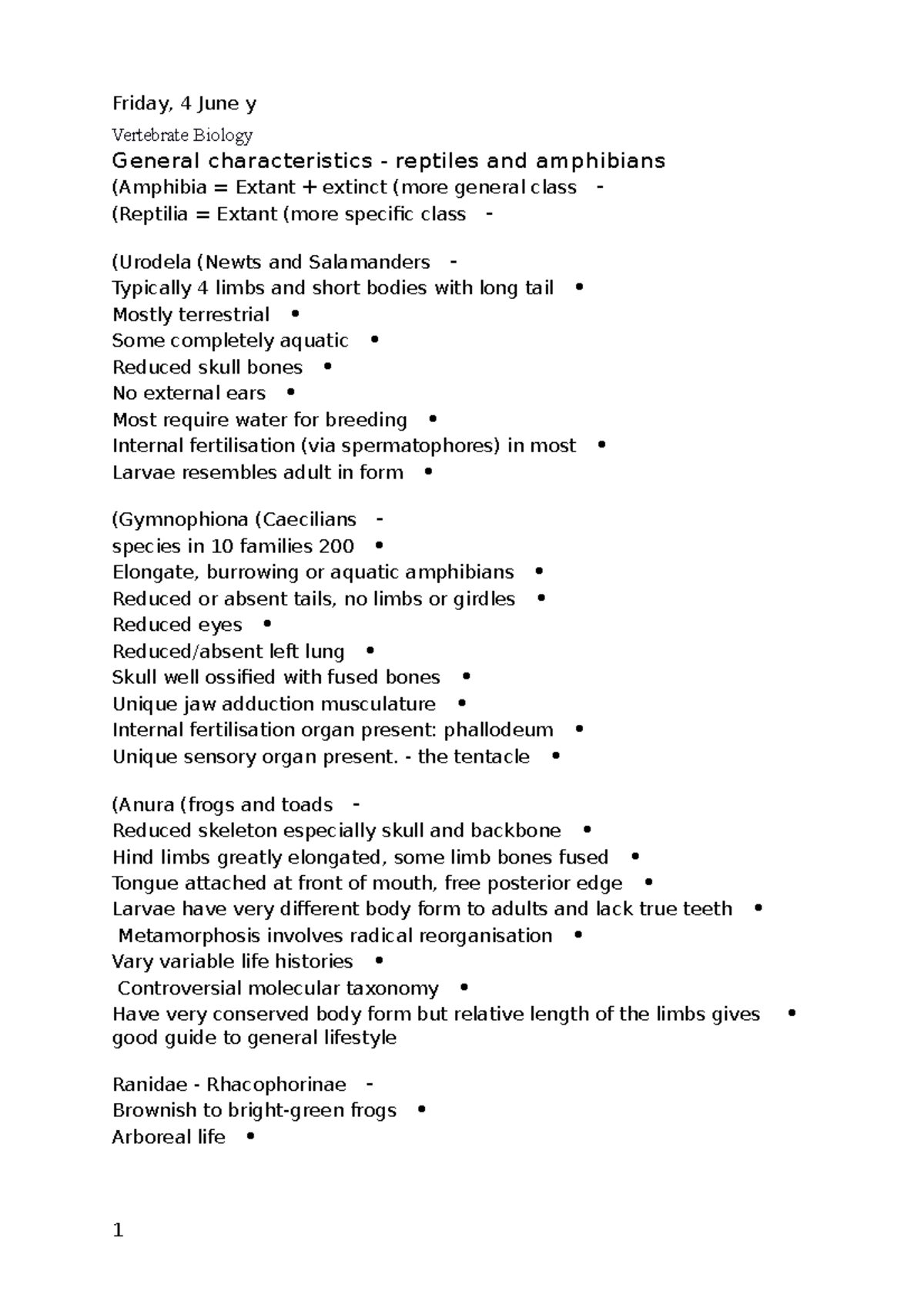R&A 1 and 2 - characteristics - Vertebrate Biology General