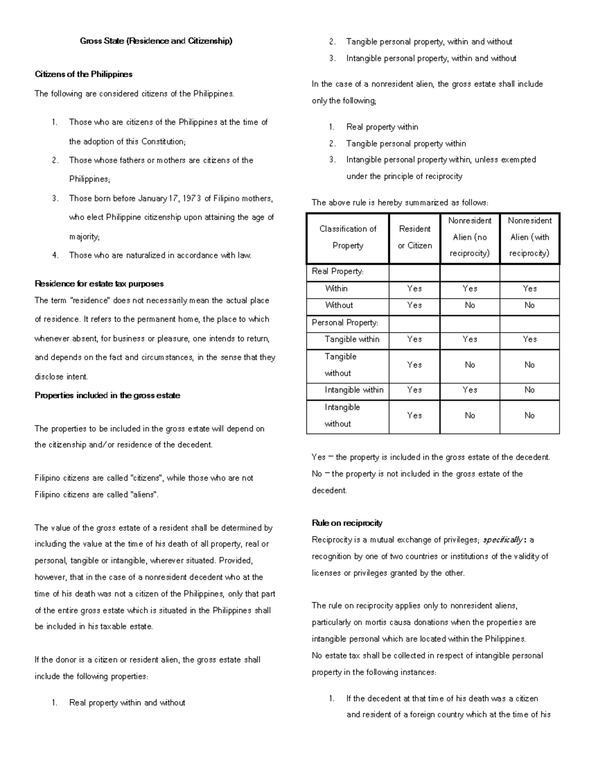 GrossState Business and Transfer Taxes Gross Estate Gross State