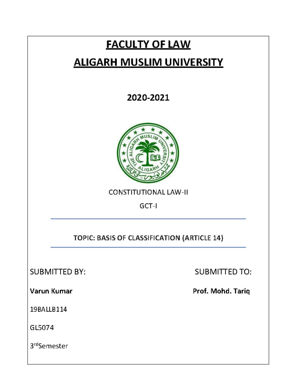 BASIS OF CLASSIFICATION (ARTICLE 14 OF INDIAN CONSTITUTION) FACULTY
