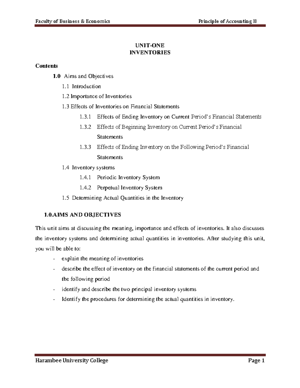 Principle of Accounting II Module UNITONE INVENTORIES Contents 1
