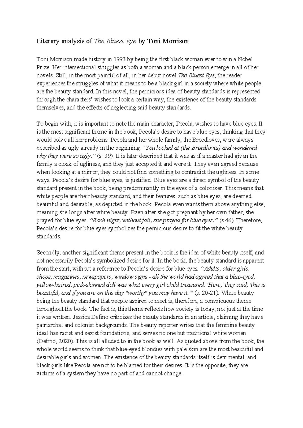 The bluest eye analysis - Literary analysis of The Bluest Eye by Toni ...